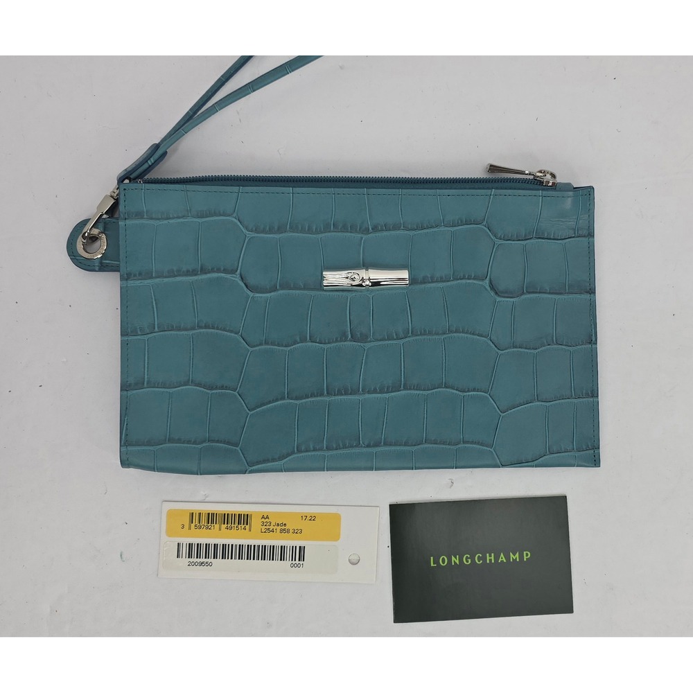 Longchamp Roseau Croco Leather Wristlet Clutch Jade Green L2541 858 323 NEW